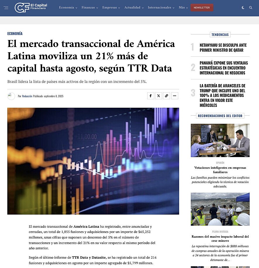 El mercado transaccional de Amrica Latina moviliza un 21% ms de capital hasta agosto, segn TTR Data